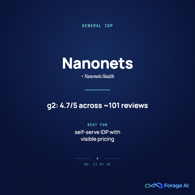 Nanonets provider card: general intelligent document processing, G2 rating 4.7 out of 5 across about 101 reviews.