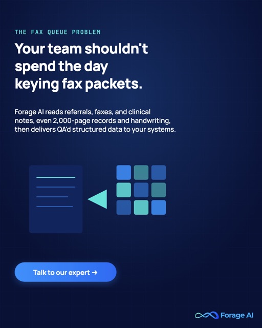 Forage AI promotional banner reading your team should not spend the day keying fax packets, with a talk to our expert call to action.