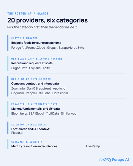 Master category map placing the twenty providers into six categories: custom and managed led by Forage AI, web-scale data and infrastructure, B2B and sales intelligence, financial and alternative data, location intelligence, and consumer and identity.
