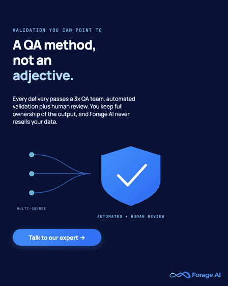 Forage AI promotional banner reading a QA method, not an adjective: a 3x QA team with automated validation plus human review, full client ownership of the output, and no reselling of your data, with a talk to our expert call to action.