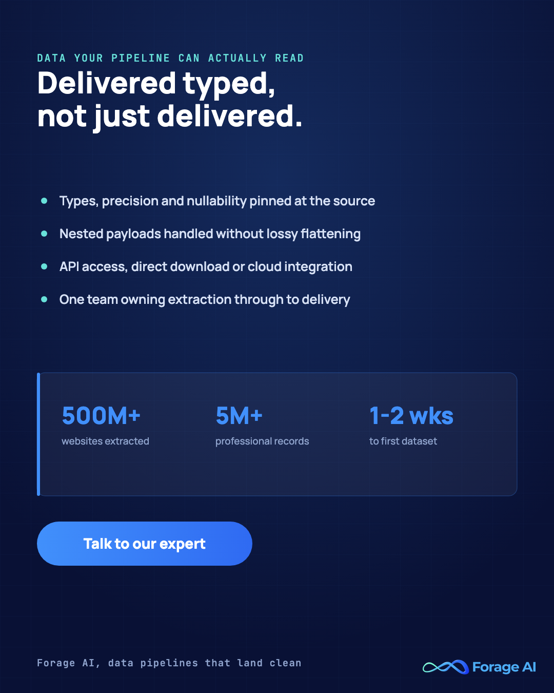 Forage AI banner on typed, ingest-ready data delivery with types, precision and nullability pinned at the source