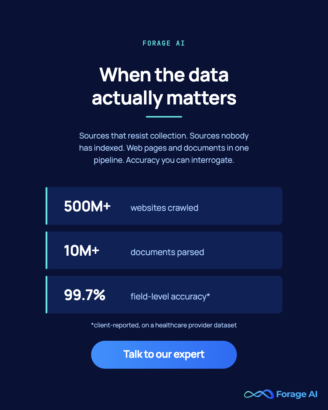 Forage AI managed data extraction for sources that resist collection, with a talk to our expert call to action